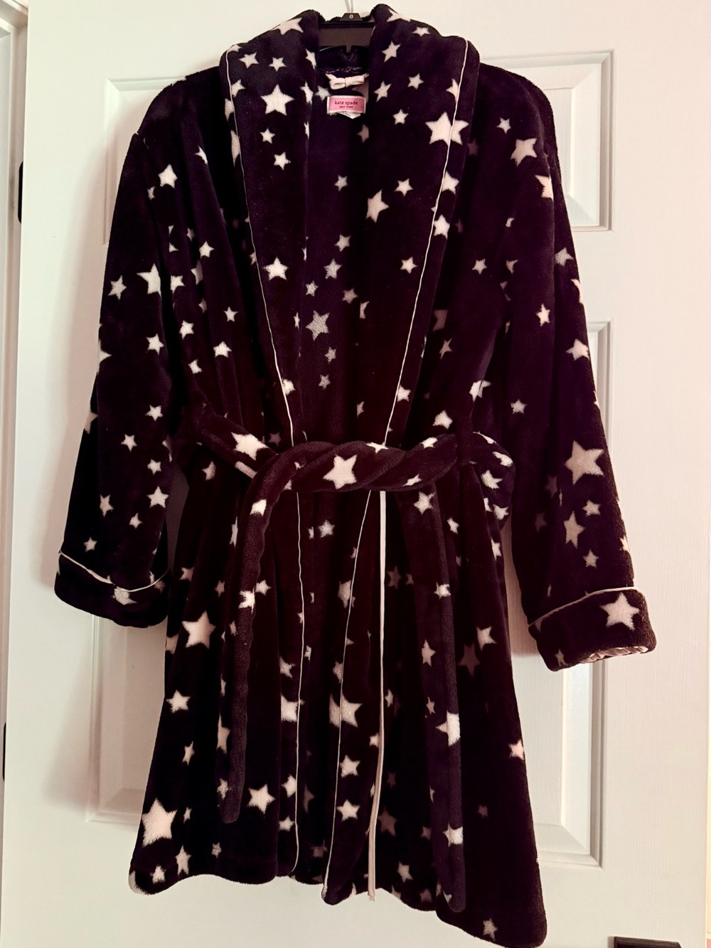 Kate Spade New York Plush Star Print Robe, XS/S, Black and Pink